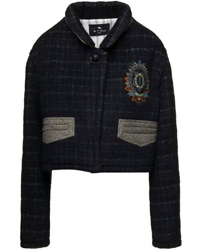 Etro Floral Embroidered Checked Coat - Black