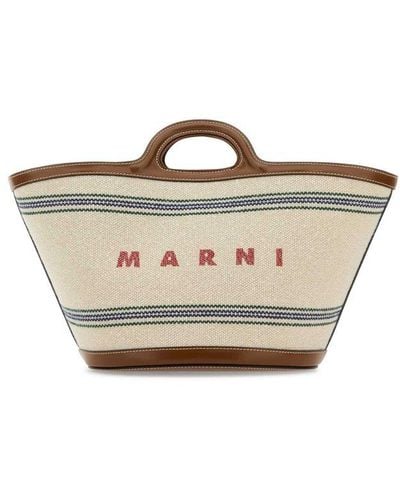 Marni Logo Printed Striped Tote Bag - Natural