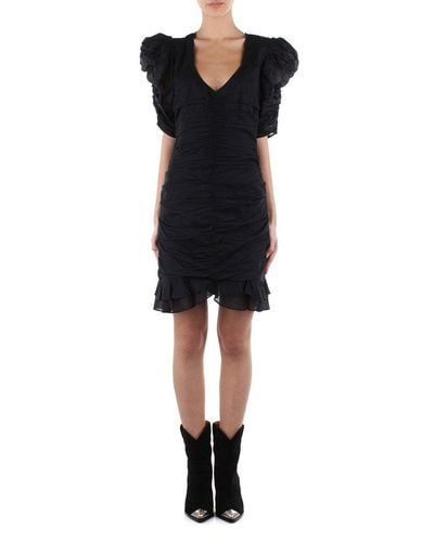 Isabel Marant Puff Sleeved Gathered Mini Dress - Black