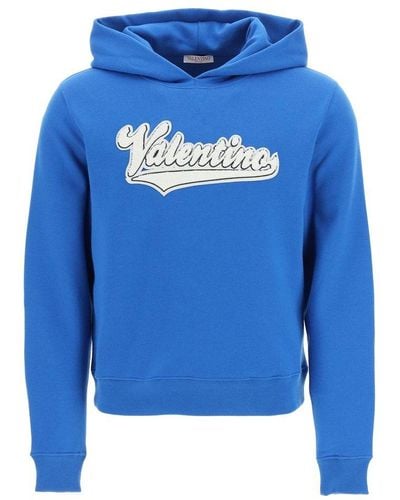 Valentino Logo Detailed Drawstring Hoodie - Blue