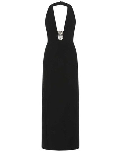 Saint Laurent Plunge-neck Crystal-embellished Low-back Wool Dress - Black