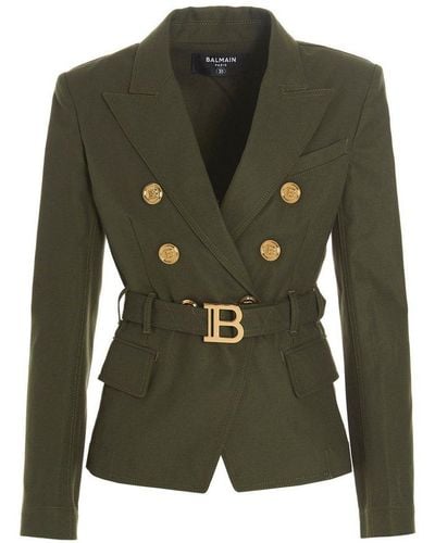 Balmain Belted Double-breasted Blazer Jacket - Green