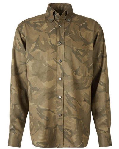 Tom Ford Camouflage Printed Curved Hem Twill Shirt - Green