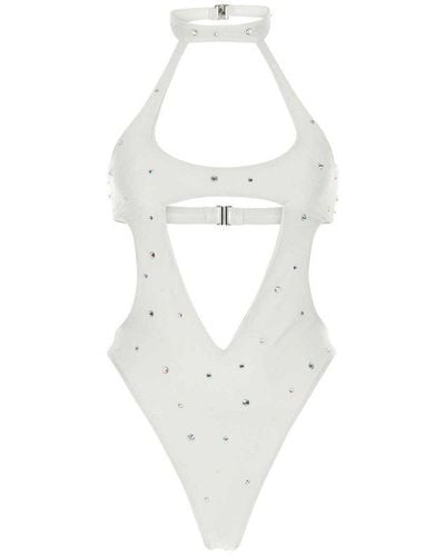 Alessandra Rich Open Back Embellished One Piece Swimsuit - White