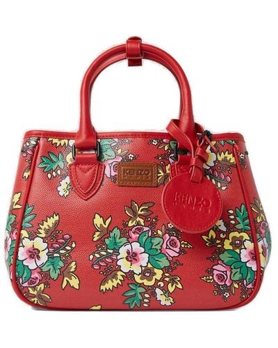 KENZO Floral-printed Logo Patch Tote Bag - Red