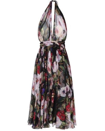 Dolce & Gabbana Rose Garden Print Silk Chiffon Longuette Dress - White