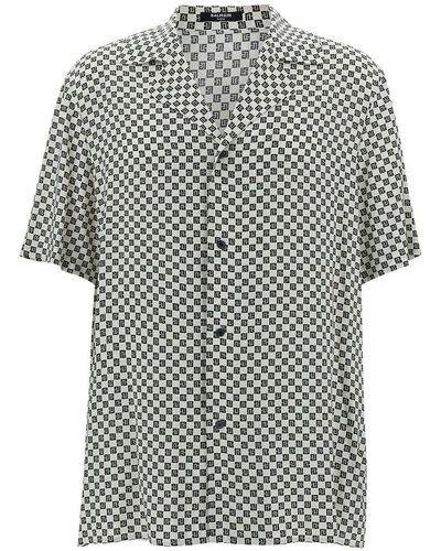 Balmain Black And White Bowling Shirt With Monogram Print In Viscose Man - Grey