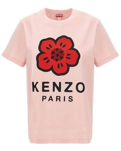 KENZO Floral Logo Printed Crewneck T-shirt - Pink
