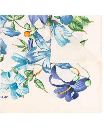 Ferragamo Silk Shawl With Floral Motif - Blue