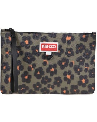 KENZO Leopard-printed Zipped Clutch Bag - Gray