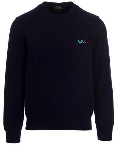 A.P.C. Logo Embroidered Crewneck Sweater - Blue