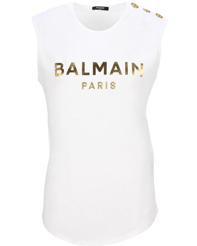Balmain Metallic Logo Print Tank Top - White