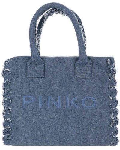 Pinko Cotton Denim Tote Bag With Logo - Blue