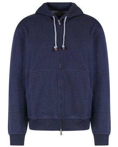 Brunello Cucinelli Techno Cotton Interlock Zip Front Hooded Sweatshirt - Blue