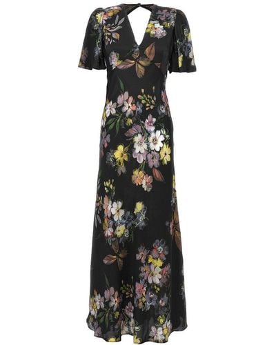 Twin Set Floral-printed V-neck Satin Maxi Dress - Black