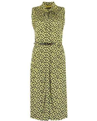 Versace Belted Waist Greca-print Sleeveless Dress - Green