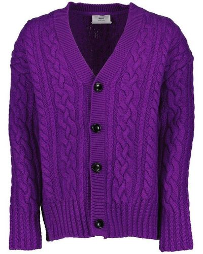 Ami Paris V-neck Knit Cardigan - Purple