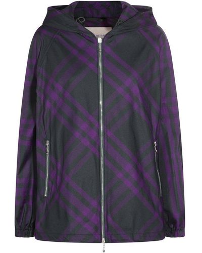 Burberry Check Printed Hooded Jacket - Purple