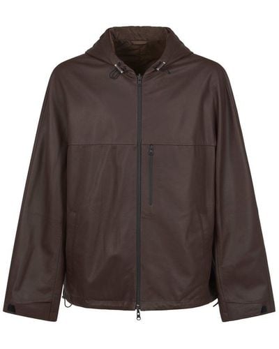 Lanvin Zip-up Leather Hooded Jacket - Brown
