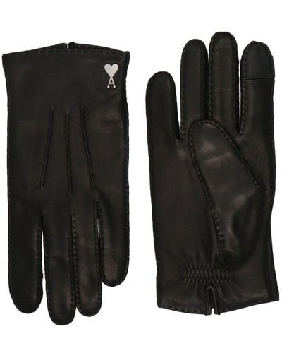 Ami Paris Logo Leather Gloves - Black