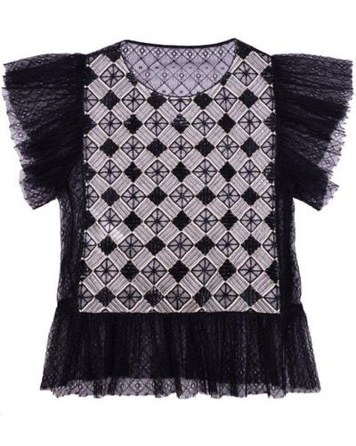 Alberta Ferretti Embellished Lace-trim Crewneck Blouse - Black
