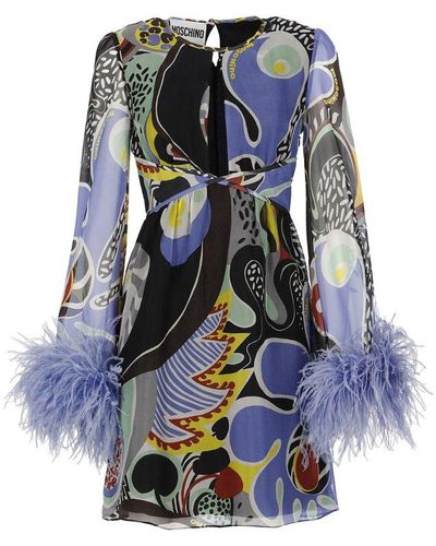 Moschino Feather-trim Psychedelic Printed Cut-out Dress - Blue