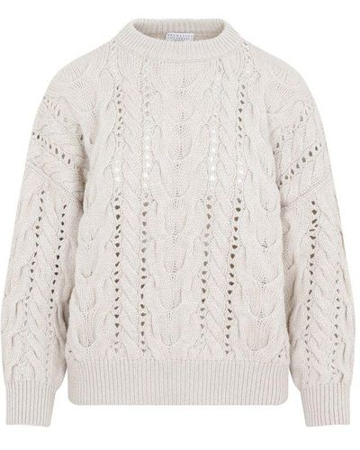 Brunello Cucinelli Cable-knitted Long-sleeved Sweater - White