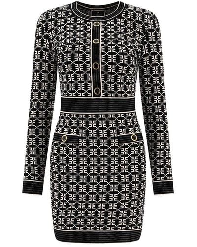 Elisabetta Franchi Dress In Jacquard Knit With Logo - Black