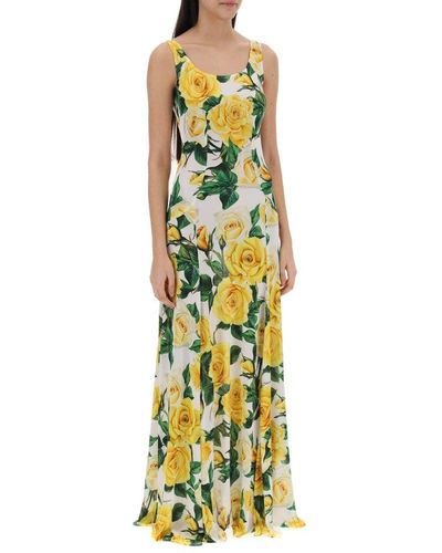 Dolce & Gabbana Rose Printed Sleeveless Midi Dress - Yellow