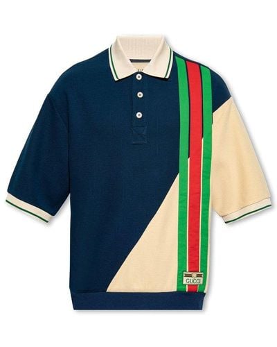 Gucci Logo-patch Striped Wool And Cotton-blend Polo Shirt - Blue