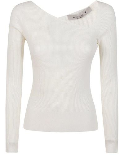 Gran Sasso Fileria Long-sleeved Ribbed V-neck Sweater - White
