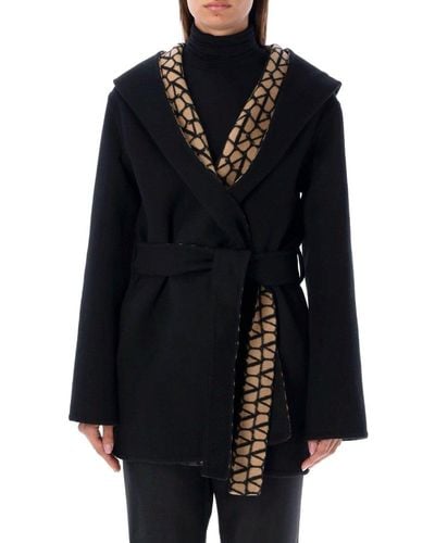 Valentino Toile Iconographe Belted Hooded Coat - Black