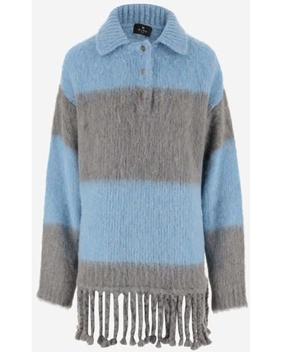 Etro Brushed Effect Fringed Edge Sweater Mini Dress - Blue