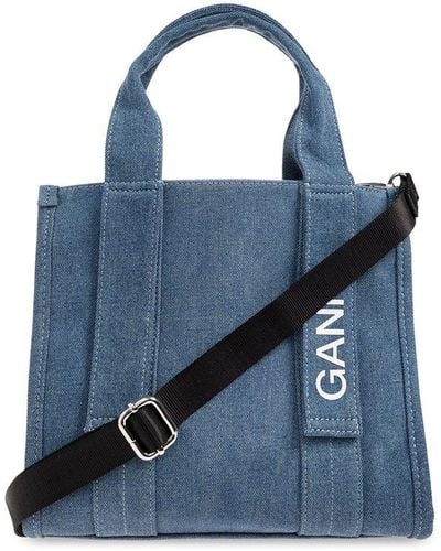 Ganni Tech Logo Printed Denim Tote Bag - Blue
