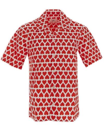 Ami Paris Paris Heart-printed Short-sleeved Buttoned Shirt - Red