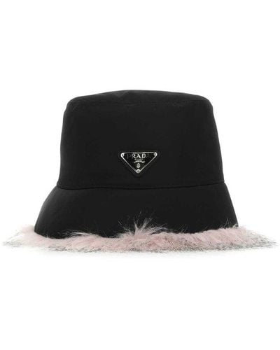 Prada Logo Plaque Shearling Detail Bucket Hat - Black