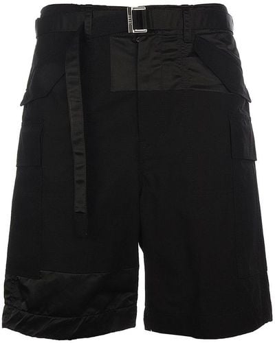 Sacai Belted Tonal Patchwork Shorts - Black
