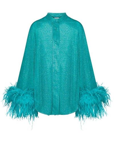 Oséree Feather-trimmed Buttoned Blouse - Blue
