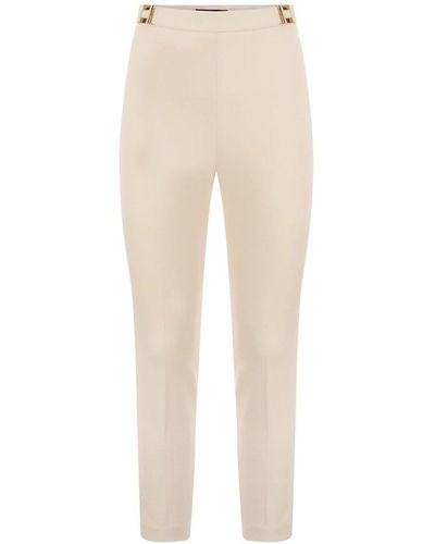 Elisabetta Franchi Straight Crepe Trousers With Logo Plaques - Natural