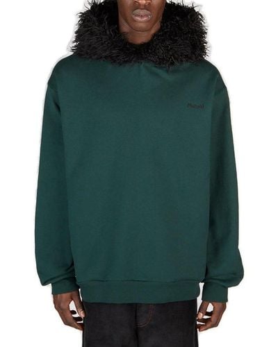 Marni Logo Embroidered Faux-fur Hood Sweatshirt - Green