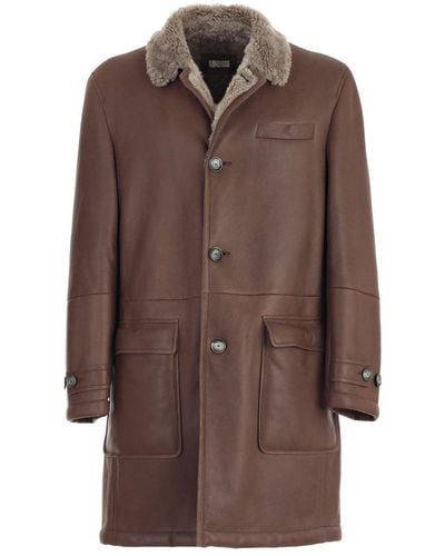 Brunello Cucinelli Single Breasted Leather Coat - Brown