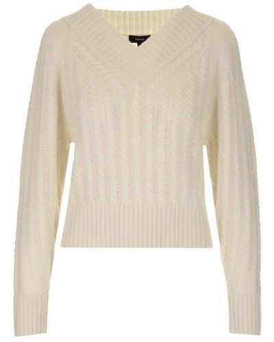 Theory V-neck Cable Knit Sweater - Natural