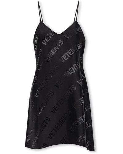 Vetements All-over Logo Embossed Slip Dress - Black