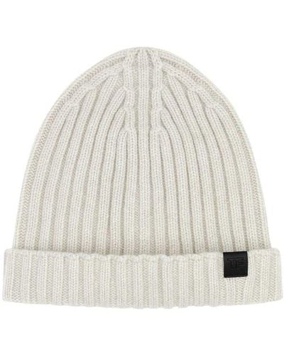 Tom Ford Logo Patch Ribbed Knit Beanie - White