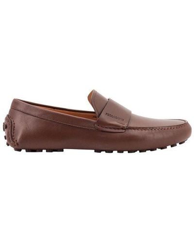 Ferragamo Rounded Toe Leather Loafers - Brown