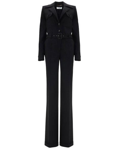 Saint Laurent Belted Long-sleeved Jumpsuit - Black