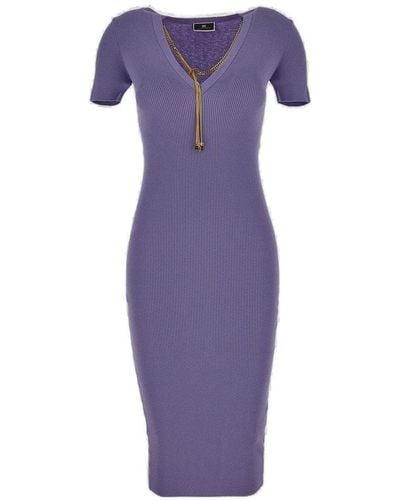 Elisabetta Franchi V-neck Knitted Midi Dress - Purple