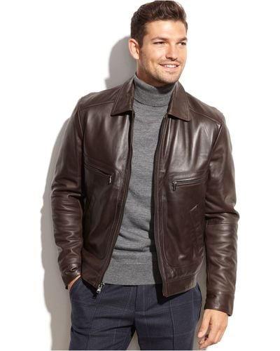 Michael Kors Michael Welby Shirt-Collar Leather Jacket - Brown