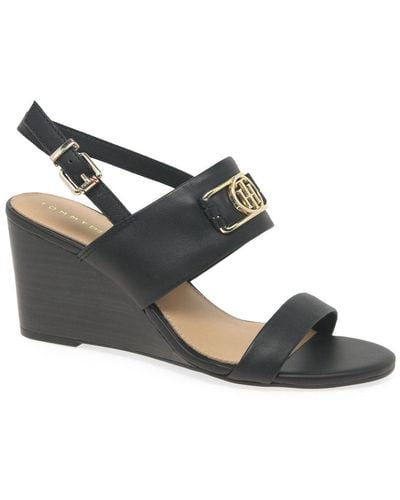 Tommy Hilfiger Hardware Mid Wedge Sandals - Black