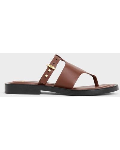 Charles & Keith Leather Asymmetric Thong Sandals - Brown